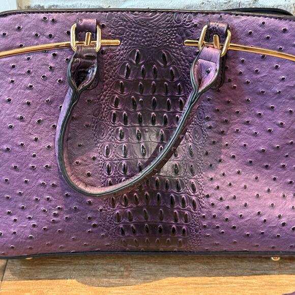 Dasein Embossed Faux Ostrich Textured Purple Leather Satchel Handbag Large - Picture 2 of 10